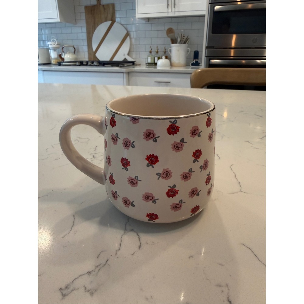 Threshold Stoneware Floral Rose Coffee Mug Cream Pink Red Gold Rim - Picture 3 of 5
